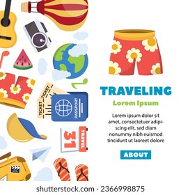 traveling banner. traveling staff camera ticket passport cap luggage air balloon sunglasses plane guitar shorts flip flops, tourism, camping, vacation trip. vector cartoon vertical banner.