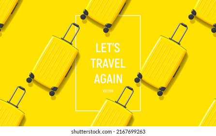 Traveling banner with yellow suitcases. Vector illustration with 3d suitcases on yellow background. Vacation or traveling concept. Seamless pattern.