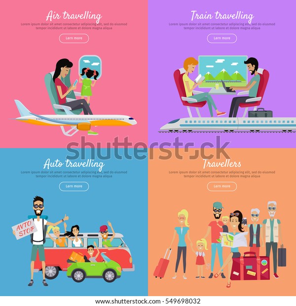 Traveling banners set. Auto
traveling by car or camper van. Hitchhiking travel. Train Air
People with their children going for summer vacations. Summer
holiday.