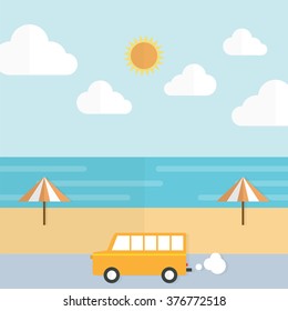 Traveling to the beach by car. Vector illustration flat style