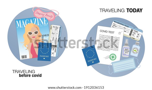 Traveling before coronavirus vs traveling\
during pandemic. Onboard flight set with sleeping face mask,\
magazine, passport, boarding pass, covid test, sanitizer. Flat\
design vector\
illustration.