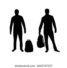 Traveling Business Man with Backpack Silhouette Different Poses. People on the road and travel fashion vector art