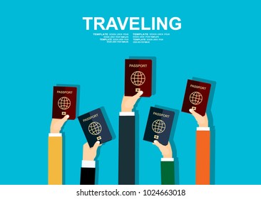 Traveling, business trip, hand holding passports vector concept