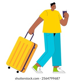 Traveling businessman concept. A modern man walks with luggage and a coffee cup, displaying mobility and urban lifestyle. Casual professional on the move. Vector illustration.