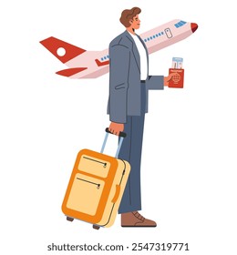 Conceito de empresário itinerante. Um homem sorridente de terno de negócios com mala e passaporte entrando em um avião. Viagens de negócios globais e viagens corporativas. Ilustração vetorial.