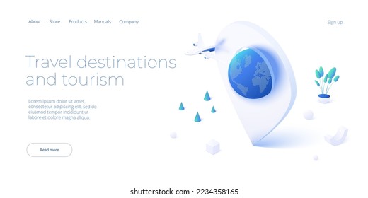 Traveling by air concept in isometric vector illustration. Around the world flight tour or trip. Cheap airline tickets searching and booking service. Website layout or web banner template