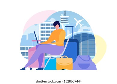 Traveling by Air Flat Vector Concept with Woman Sitting near Baggage, Using Laptop, Searching Flights Timetable in Internet, Buying Airline Tickets Online, Planning Vacation Journey Illustration