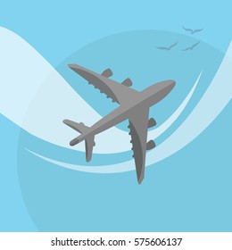 Traveling by airplane illustration for tourism industry. Vector flat art.