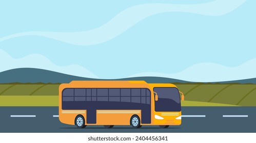 Traveling by bus. Tourist buses drive along road towards trip adventure. Travel agency commercial advertising, summer vacation tourism background. Vector illustration