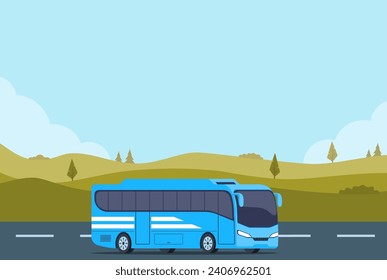 Viajando en autobús. Los autobuses turísticos circulan por la carretera en dirección a la aventura del viaje. Publicidad comercial de agencia de viajes, antecedentes de turismo de vacaciones de verano. Ilustración del vector