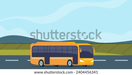 Traveling by bus. Tourist buses drive along road towards trip adventure. Travel agency commercial advertising, summer vacation tourism background. Vector illustration