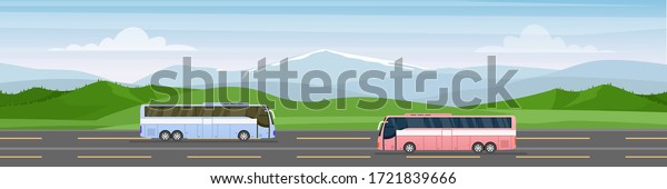 Traveling by bus vector illustration. Cartoon\
flat tourist buses with travelers drive along road towards trip\
adventure. Travel agency commercial advertising, summer vacation\
tourism background
