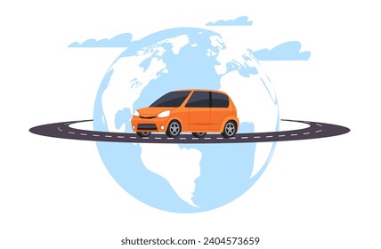 Viajando en coche por todo el mundo. Viaje automático por carretera. Vacaciones y aventuras. Mapa mundial. Turismo global. Plantilla de cartel o tarjeta. Concepto de transporte internacional por vector aislado de dibujos animados