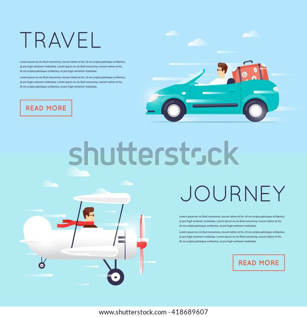 Traveling by car\
cabriolet, plane, flying  adventure, vacation, holiday, summer.\
Flat design vector\
illustration.