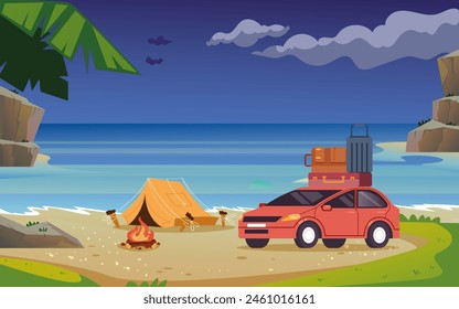 Traveling by car camping hiking vacation concept. Vector cartoon graphic design element illustration