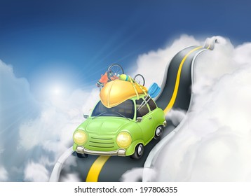 Traveling by car in the clouds, vector background