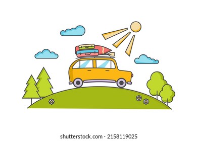 Traveling by car. Color icon for summer car travel. Car with luggage on roof. Suitcases, surfboard. Road trip. World travel, tourism, summer holiday. Outdoor recreation. Flat vector illustration