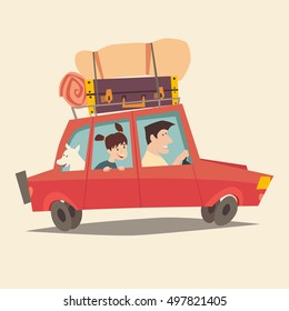 Traveling By Car. Father Driving Car. Happy Family Summer Vacations. Tourism, Cartoon Character Family. Family Trip. Travel With Dog, Flat Style Vector Illustration. Isolated On White Background
