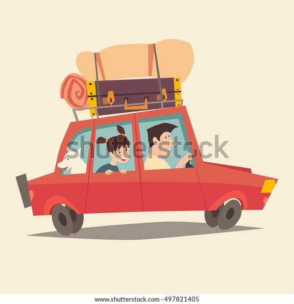 Traveling by car. Father driving car. Happy\
family summer vacations. Tourism, cartoon character family. Family\
trip. Travel with dog, flat style vector illustration. Isolated on\
white background\
