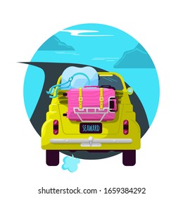 Traveling by car. The girl goes to the sea in a retro car with an open top. A pink travel suitcase is strapped to the trunk of the car. Round composition. Vector image in the style of the cartoon.