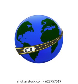 Traveling by car. Globe, road. Vector illustration