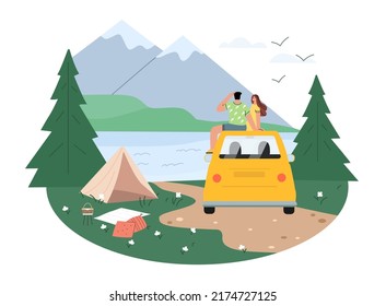 Reisen mit dem Auto. Ein Mann und ein Mädchen sitzen auf dem Dach eines Autos und ruhen in der Nähe der Berge. Miete ein Auto. Flache Vektorgrafik auf weißem Hintergrund.