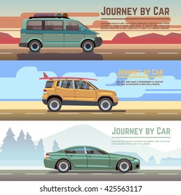 Traveling by car vector banners set. Car on road, auto holiday travel and car journey poster