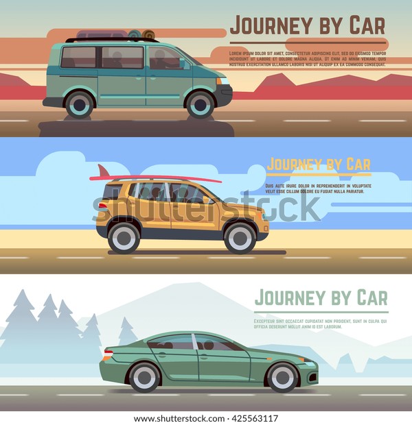 Traveling by car vector banners set. Car\
on road, auto holiday travel and car journey\
poster