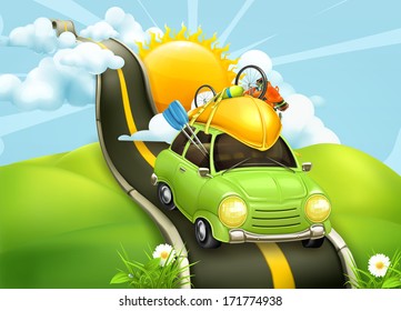 Traveling by car, vector illustration