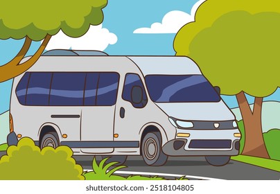 Traveling by minibus.Minibus on the road with trees.Minibus going on the village road. Vector image for illustrations.