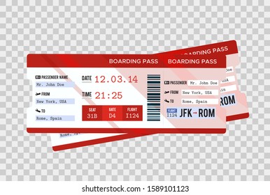 Traveling by plane. Airline boarding pass ticket tear-off element set, isolated on transparent background. Vector illustration. 