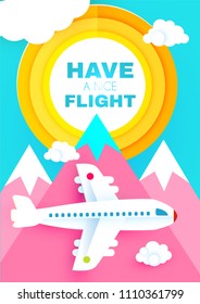Traveling by Plane. Airplane in Sky with Sun, Clouds and Mountains. Flight Design Template. Paper Art. Vector illustration