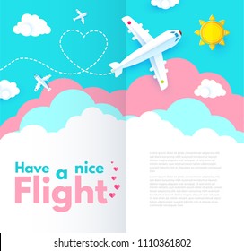 Traveling by Plane. Airplane in Sky with Sun, World Map and Clouds. Flight Design Template. Paper Art. Vector illustration