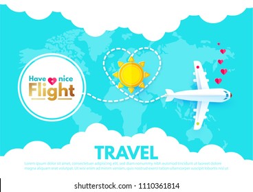 Traveling by Plane. Airplane in Sky with Sun, World Map and Clouds. Flight Design Template. Paper Art. Vector illustration