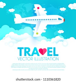 Traveling by Plane. Airplane in Sky with World Map and Clouds. Flight Design Template. Paper Art. Vector illustration