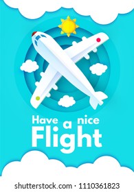 Traveling by Plane. Airplane in Sky with Sun, World Map and Clouds. Flight Design Template. Paper Art. Vector illustration
