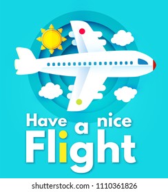 Traveling by Plane. Airplane in Sky with Sun and Clouds. Flight Design Template. Paper Art. Vector illustration