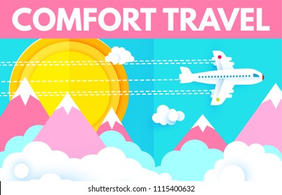 Traveling by Plane. Airplane in Sky with Sun, Clouds and Mountains. Flight Design Template. Paper Art. Vector illustration