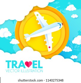 Traveling by Plane. Airplane in Sky with Sun, World Map and Clouds. Flight Design Template. Paper Art. Vector illustration