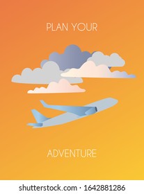 Traveling by plane, flight. Pink pre-sunset clouds in the porthole of an airplane. Vector illustration in delicate pink colors. Caption plan your adventure. EPS10