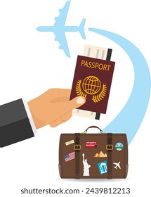 Viajar en avión. Una mano sostiene un pasaporte contra el fondo del equipaje y un avión que sale. Concepto de vacaciones. Ilustración vectorial. Vector.