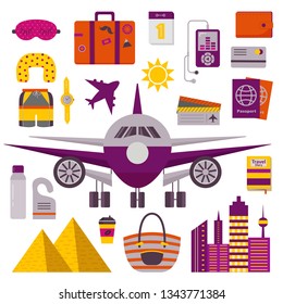 Traveling by plane icon set with airplane, tickets, suitcase and other traveler equipment. Air travel vacation icons and elements in flat design.