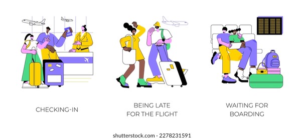 Traveling by plane isolated cartoon vector illustrations set. Smiling couple does luggage check-in, being late, missing a flight, waiting for boarding to a plane, departures hall vector cartoon.