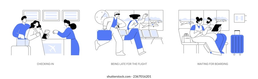 Viajar por el avión aislado ilustraciones vectoriales de dibujos animados conjunto. Una pareja sonriente hace el registro de equipaje, llega tarde, pierde un vuelo, espera el embarque a un avión, caricatura vectorial del salón de salidas.