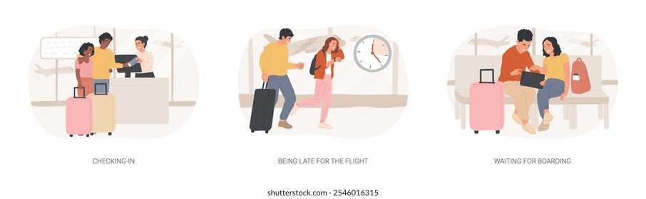 Viajando por avião isolado desenhos animados vetor ilustrações conjunto. Um casal sorridente faz check-in de bagagem, atrasar-se, perder um voo, esperar para embarcar em um avião, partidas hall vetor cartoon.