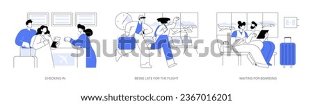 Traveling by plane isolated cartoon vector illustrations set. Smiling couple does luggage check-in, being late, missing a flight, waiting for boarding to a plane, departures hall vector cartoon. ストックフォト © 