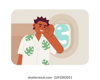 Traveling by plane on summer vacation 2D vector isolated spot illustration. Tourist sitting near porthole flat character on cartoon background. Colorful editable scene for website landing, mobile app