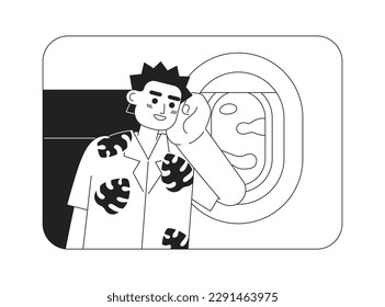 Traveling by plane on summer vacation 2D vector monochrome isolated spot illustration. Tourist flat hand drawn character on cartoon background. Thin line editable scene for website landing, mobile app