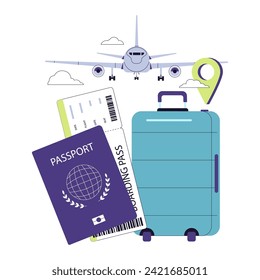 Viajando en avión. Pasaporte, tarjeta de embarque y equipaje preparado para un vuelo próximo, con un marcador de ubicación y avión. Turismo internacional, experiencia en aeropuertos. Ilustración vectorial plana.