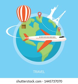 Traveling by plane, statue of liberty, Eiffel tower, Balloon, illustration flat design vector image